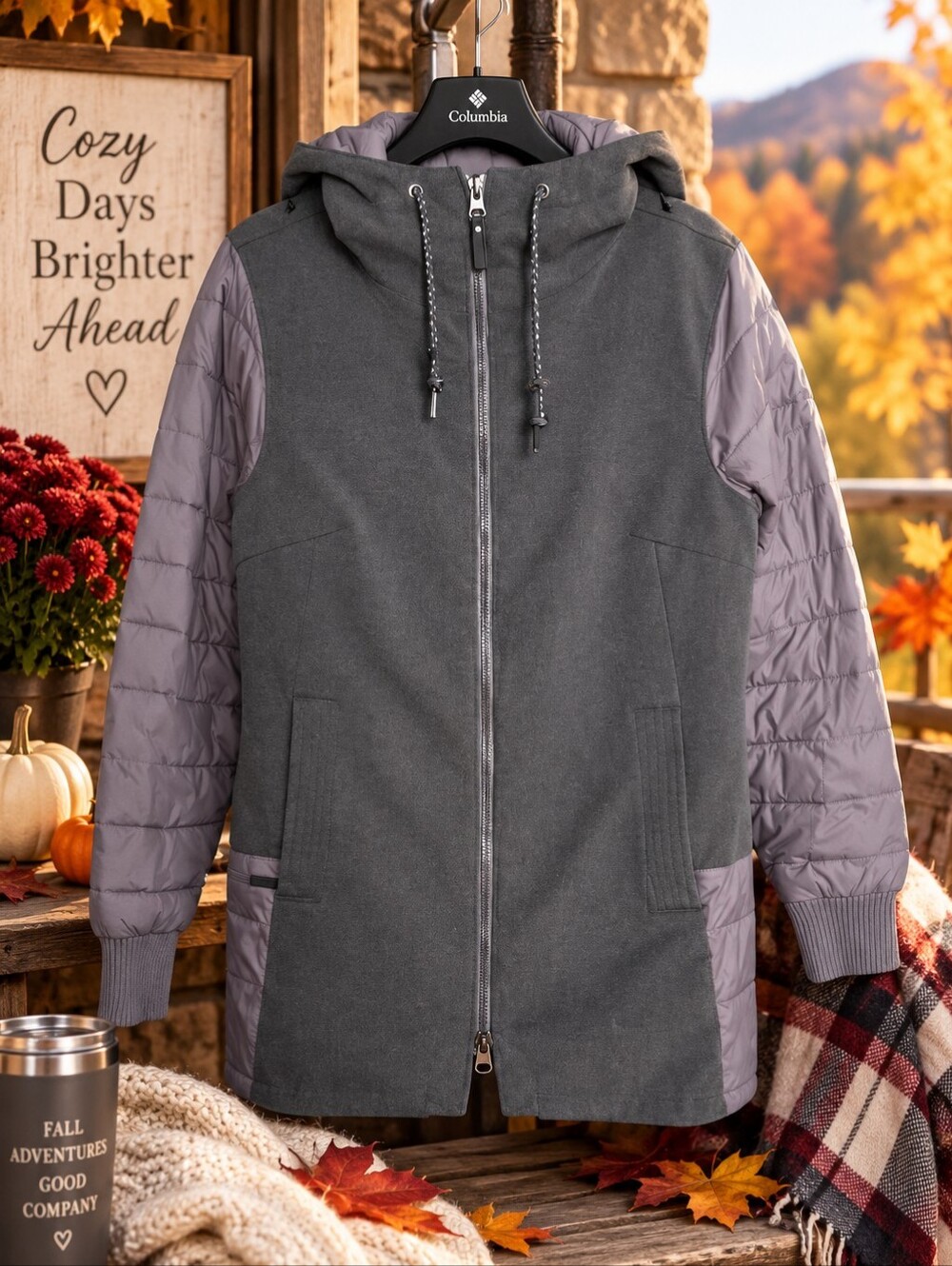 Columbia Two Tone Hooded Puffer Coat Mens Small Gray Quilted Jacket